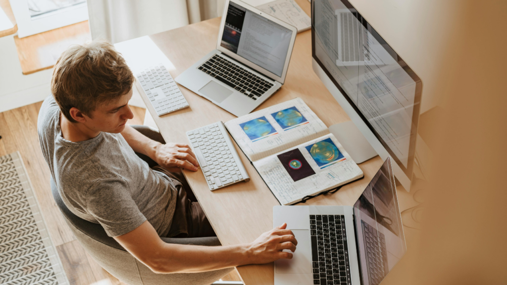 Remote worker using AI automation tools in a modern home office