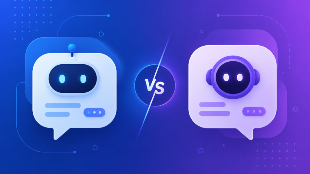 Two AI assistant chat bubble icons facing each other with a VS symbol, representing a comparison between two AI tools