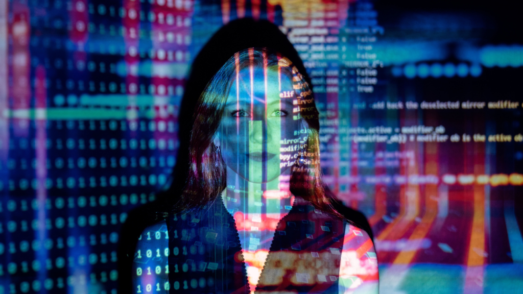 Cybersecurity concept showing a professional surrounded by digital data and code, representing phishing attacks and online security threats.