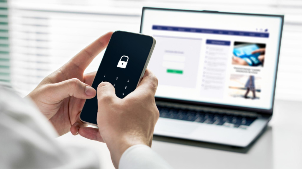 Laptop displaying password manager security protection for online accounts and digital privacy.