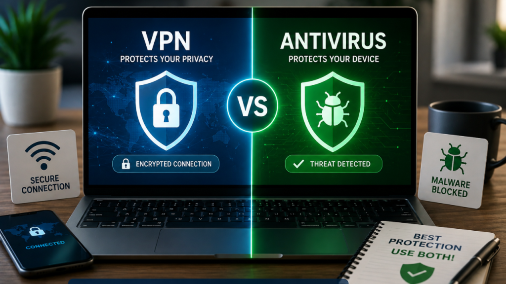 VPN vs Antivirus software comparison for online privacy and cybersecurity protection
