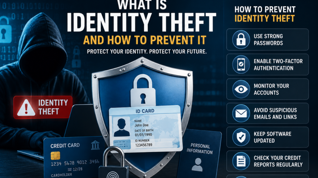 Cybersecurity concept showing protection against identity theft and personal data fraud