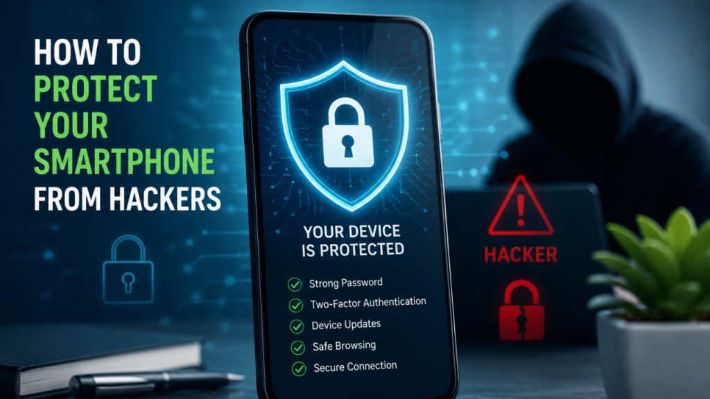 Smartphone protected by a digital shield against hackers and cyber threats