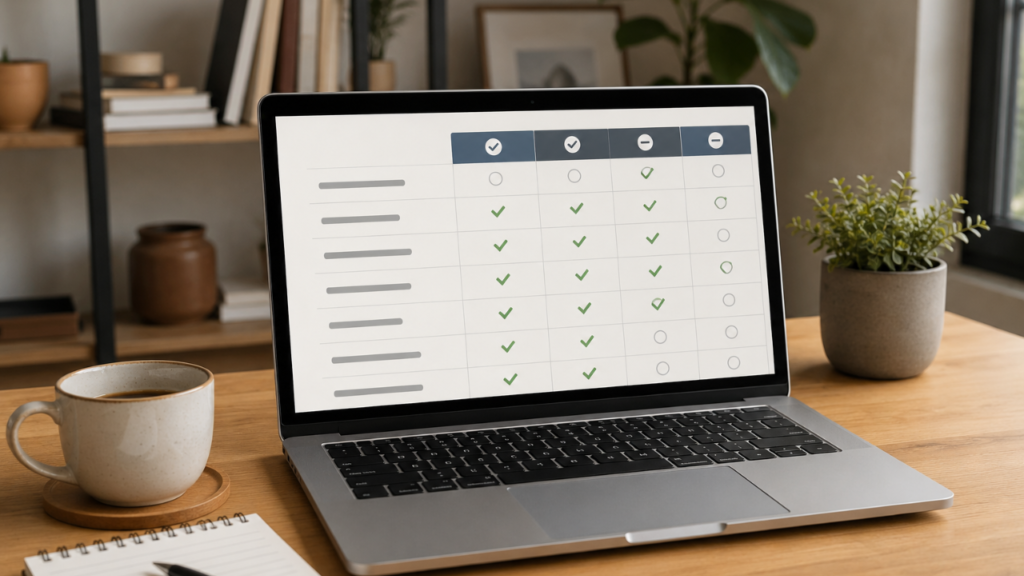 Laptop on a desk displaying a VPN comparison checklist, representing how to choose the best VPN for remote workers
