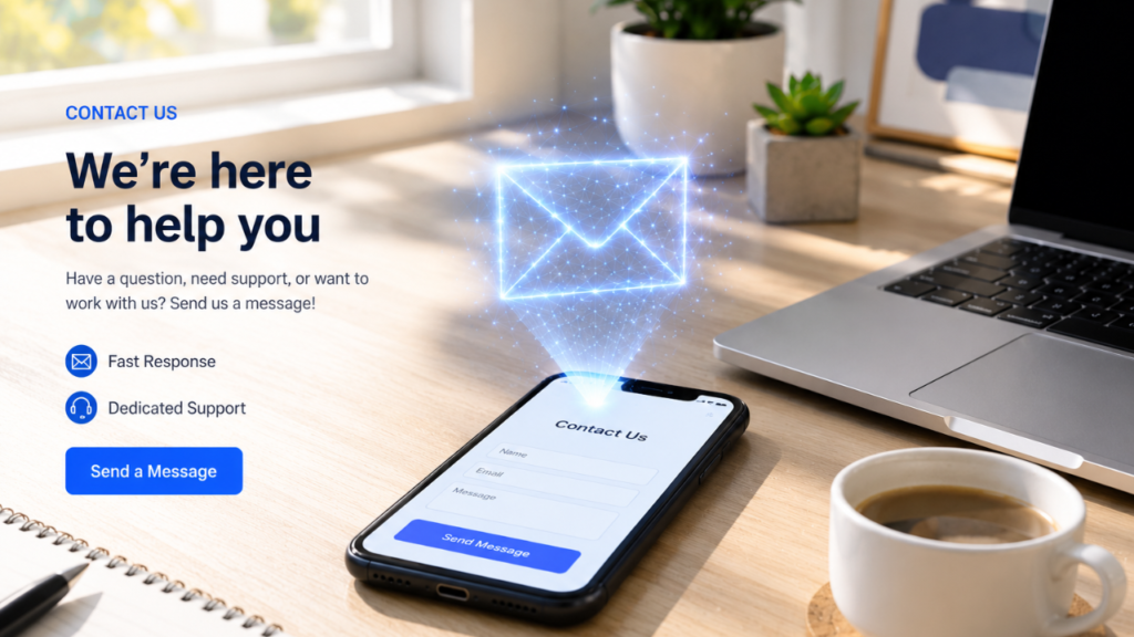 Contact WorkSecure Pro illustration showing a glowing holographic envelope rising from a smartphone next to a laptop