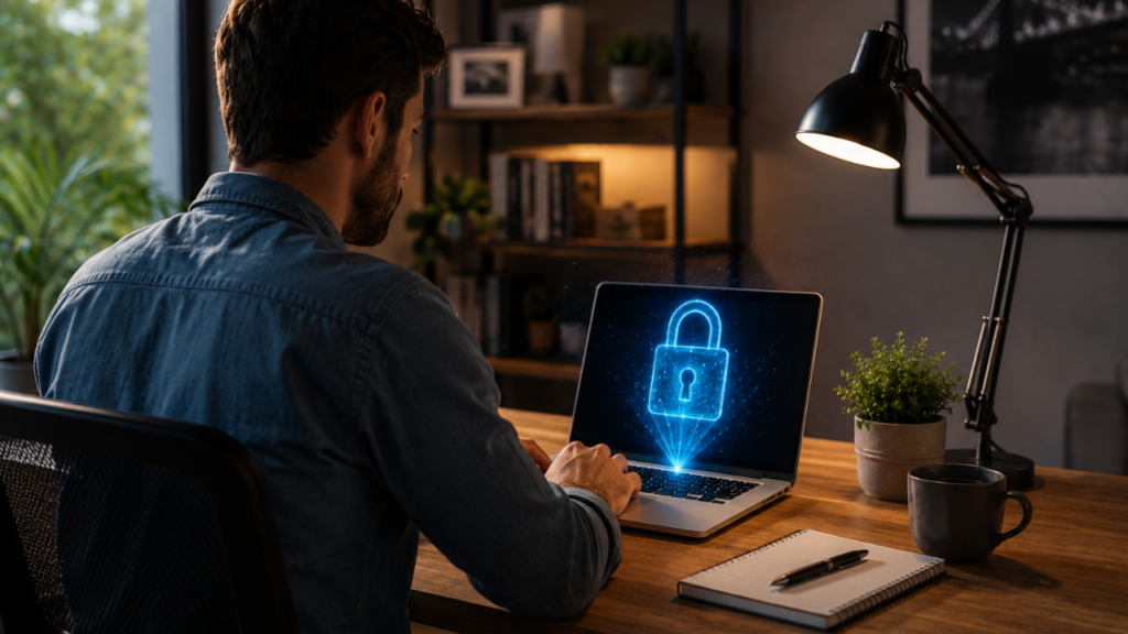 Privacy Policy WorkSecure Pro illustration showing a glowing holographic padlock rising from a laptop in a home office desk setup