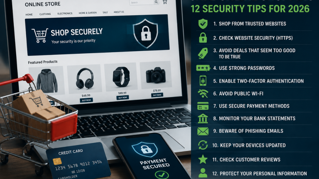 Safe online shopping concept with secure payment and cybersecurity protection