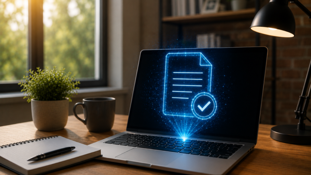 Terms and Conditions WorkSecure Pro illustration showing a glowing holographic document with a checkmark seal rising from a laptop