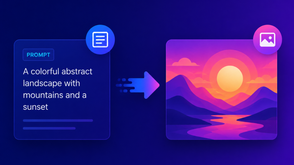 Diagram showing a text prompt being converted into an AI-generated landscape image with mountains and a sunset