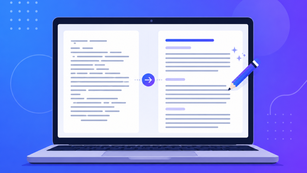 Illustration of raw text being transformed into polished, organized writing using an AI writing tool