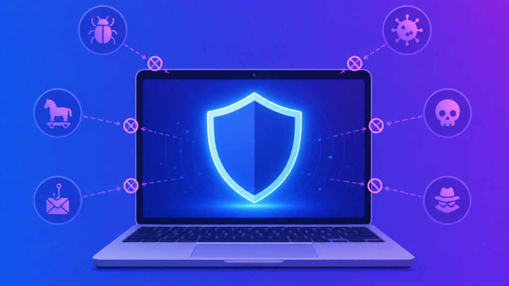 Laptop with a glowing shield blocking icons representing viruses, trojans, phishing, malware, and spyware threats