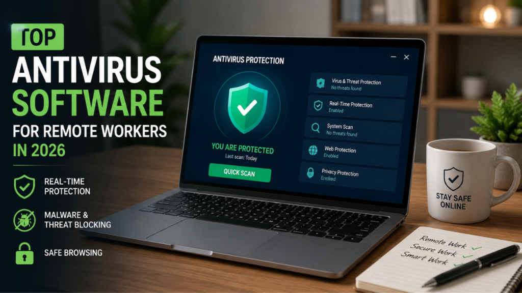 Laptop displaying antivirus protection software for remote workers in 2026