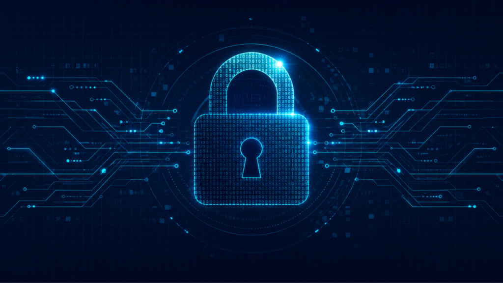 Glowing padlock made of binary code representing password security and encryption