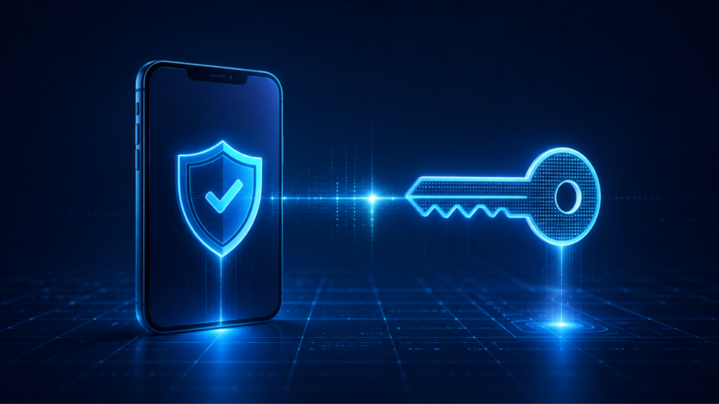 Glowing smartphone and digital key connected by a light beam representing two-factor authentication