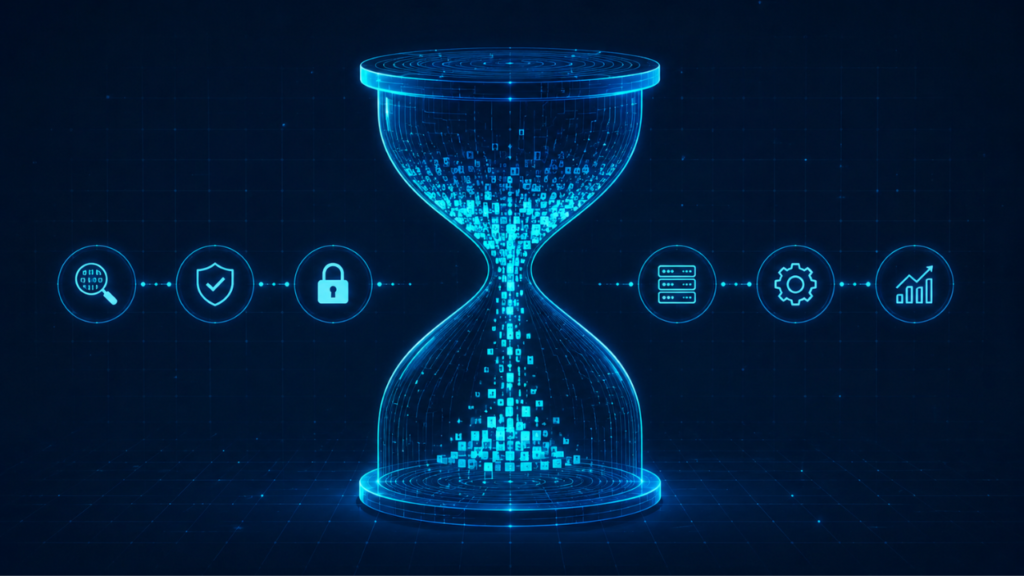 Glowing hourglass made of circuit lines with data flowing through it, representing a data breach action plan