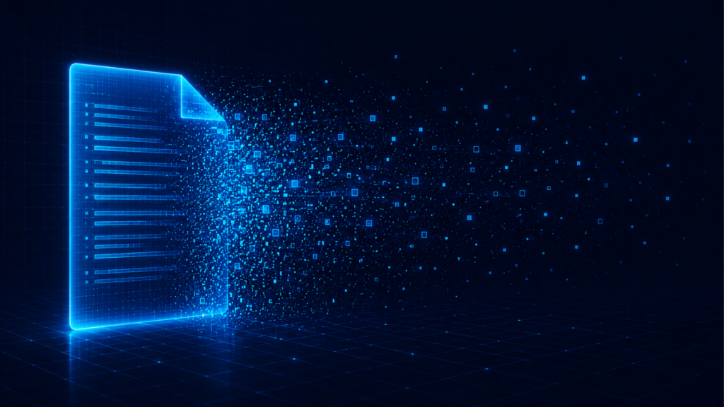 Glowing document dissolving into data particles representing a VPN no-logs claim