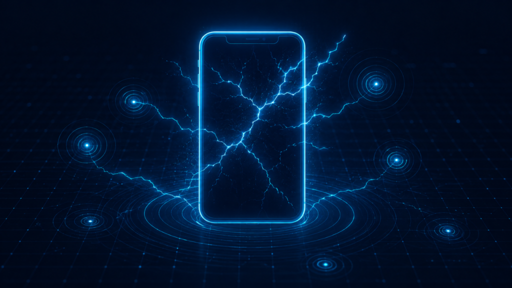 Glowing smartphone with cracks of light and warning pulses representing signs your phone has been hacked