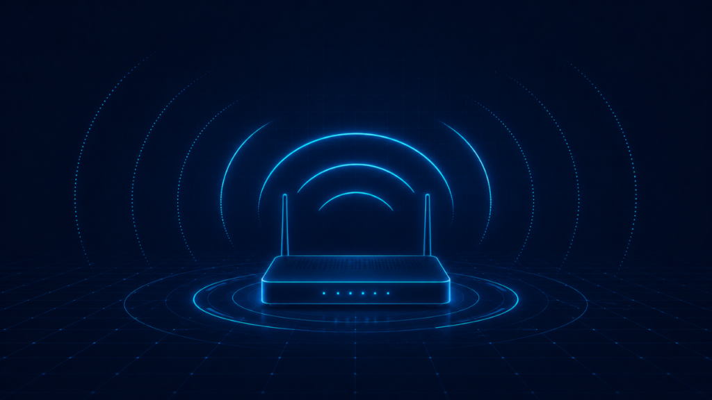Glowing wireless router with Wi-Fi signals representing home network security