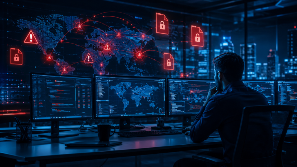 Cybersecurity analyst monitoring ransomware warning signs and suspicious network activity before a ransomware attack spreads.