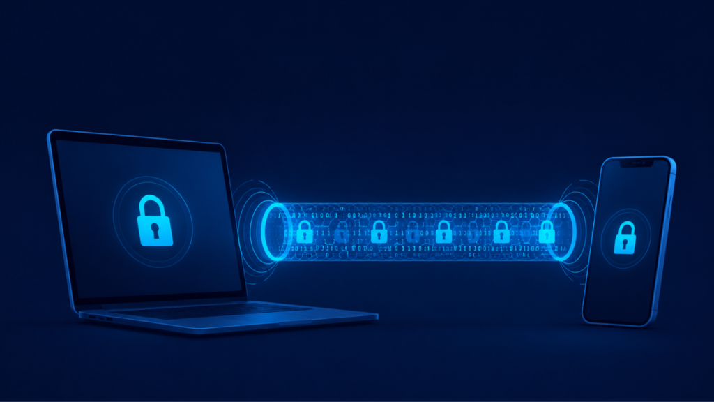 Illustration of end-to-end encryption showing a secure encrypted tunnel connecting two devices, representing protected data in transit